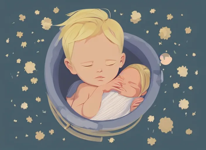 Image similar to a newborn baby with blonde hair sleeping in a crib. clean cel shaded vector art. shutterstock. behance hd by lois van baarle, artgerm, helen huang, by makoto shinkai and ilya kuvshinov, rossdraws, illustration, art by ilya kuvshinov