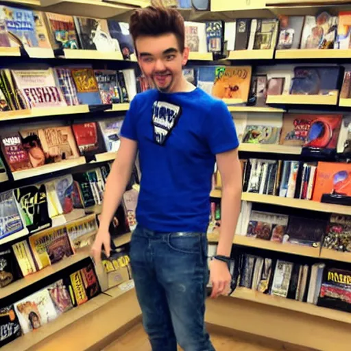 Image similar to jacksepticeye wearing blue jeans playing a video game in a bookstore