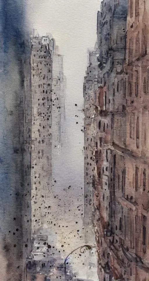 Image similar to looking upon a dying city, watercolor,