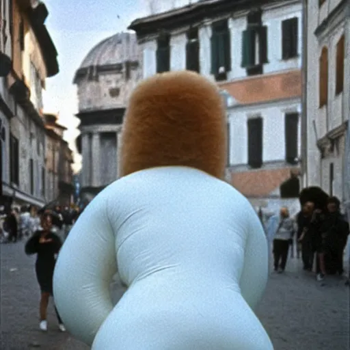 Prompt: two women dressed as squishy inflatable toys from behind, on the streets of rome, film still, fellini 1977 technicolor