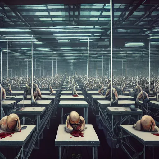 Image similar to evil souls being produced in surreal sweatshop odyssey under fluorescent light hell, advanced, photorealistic, realistic, dramatic lighting, fantastic reality, by stefan bakałowicz, 8 k resolution