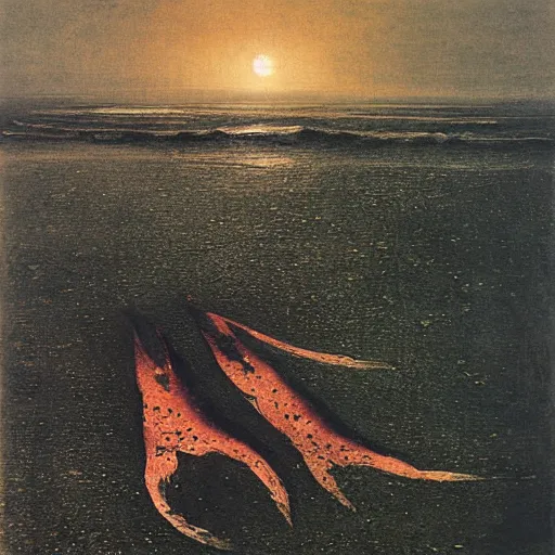 Prompt: decaying salmon on the beach, by beksinski.