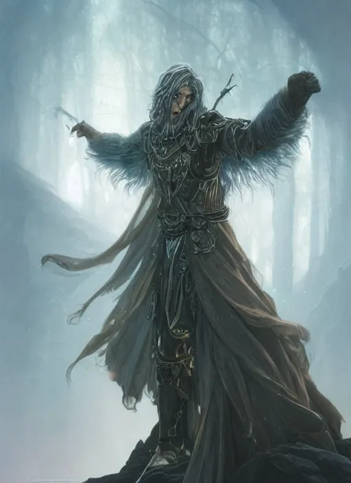 Image similar to Portrait of hexblade warlock Paladin, white glowing eyes, silver shaggy hair, short brown, scruffy beard, cloak, teal ethereal tendril wings, male, fantasy, extremely detailed, digital painting, artstation, concept art, smooth, sharp focus, illustration, stunning lighting, art by artgerm and greg rutkowski and alphonse mucha and simon stalenhag, realistic character concept, high fantasy, light atmosphere, golden ratio, cinematic lighting, hyperdetailed, high resolution, insanely detailed and intricate, artstation, Marc Simonetti, Greg Rutkowski