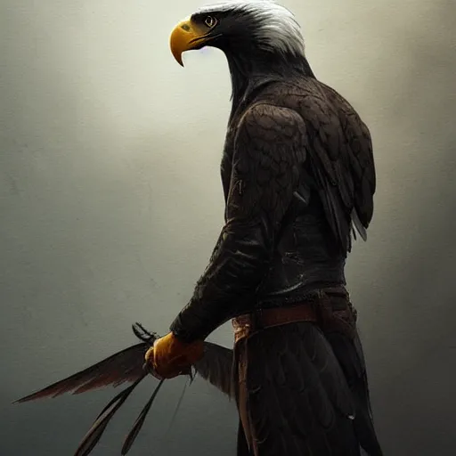 Prompt: a bald eagle in a leather jacket with wings insignia, greg rutkowski, artstation