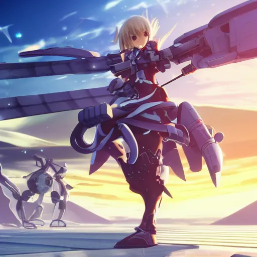 Image similar to wide - angled shot of an anime final fantasy star ocean female hungarian tribal robes scarf girl character riding a giant mecha with mechanical jet pack skates running speeding through scifi mystical steppe