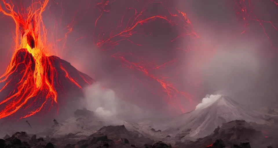 Image similar to a volcano made of ivory vines and crimson rocks enters in eruption, it spits a smoke in the shape of demonic eye, from Hearthstone