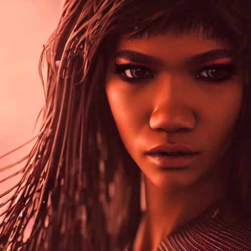 Image similar to full-length portrait of beautiful cyber beautiful Zendaya, cyberpunk, close-up, photorealistic, octane render, 35mm, beautiful big symmetric eyes, coherent, 4k, Unreal Engine, intricate details, concept art, volumetric lighting, trending or artstation, award winning, beautiful scenery, ray tracing