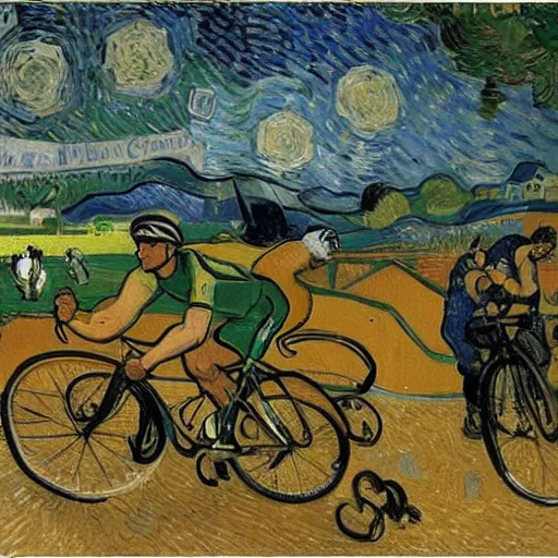 Image similar to jonas vingegaard on his bike in tour de france art by van gogh.