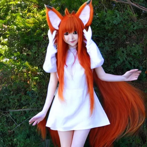 Prompt: cute anime foxgirl with long curly orange hair and two fox ears on her head wearing white dress by EYMBEEYO