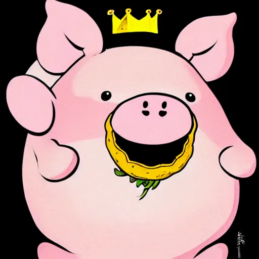 Image similar to comic art of a cute obese pig smiling in a black shirt wearing a crown eating snacks, drawn by Bruce MacKinnon, 4K