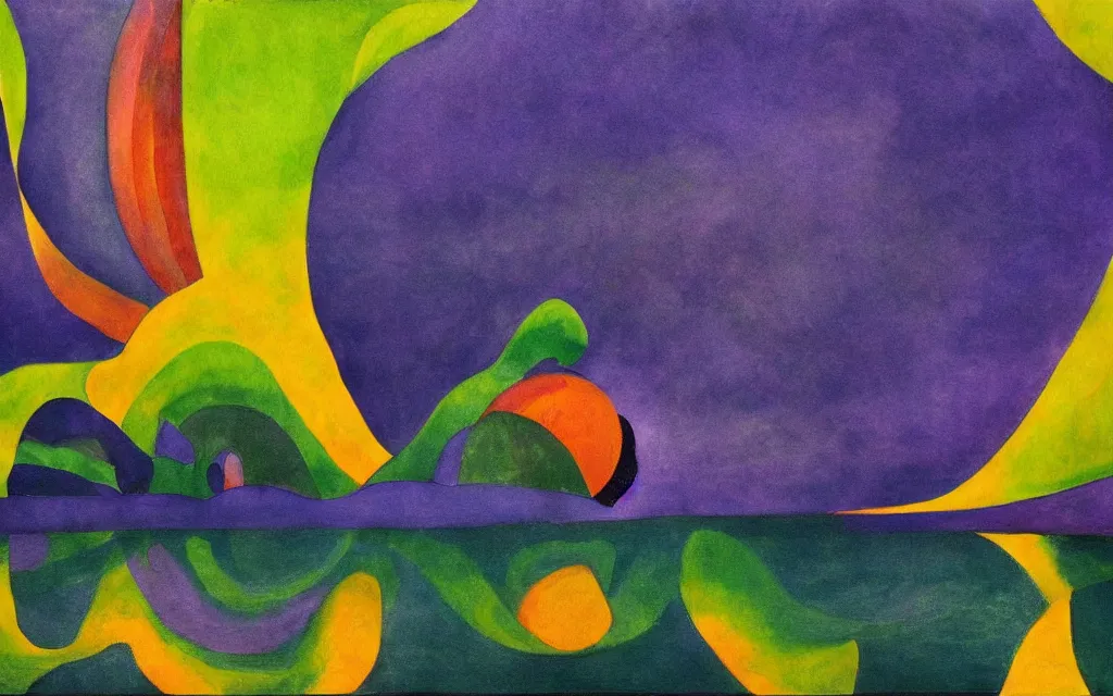 Image similar to the explosion of an atomic power plant and reflection in a lake in the style of georgia o keeffe. colorful, wavy. painting. medium long shot. perspective. color palette of blue, yellow, purple, green.