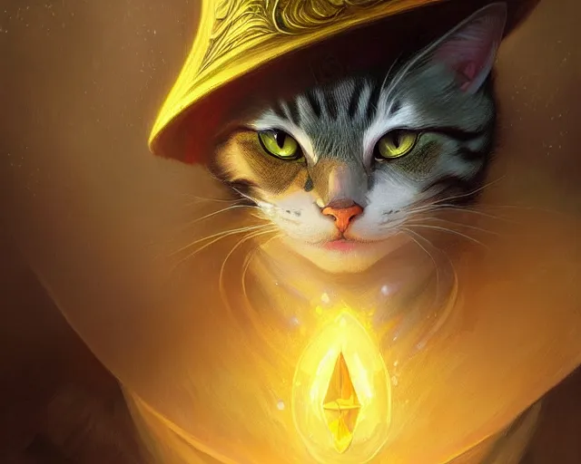 Image similar to a mind - blowing portrait of a cat wizard, yellow wizard hat, deep focus, d & d, fantasy, intricate, elegant, highly detailed, digital painting, artstation, concept art, matte, sharp, illustration, hearthstone, art by artgerm and greg rutkowski and alphonse mucha