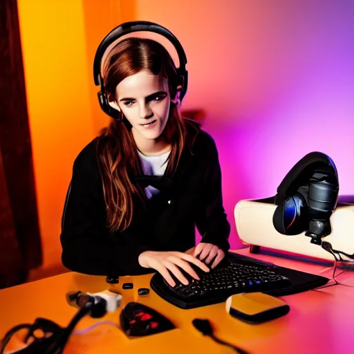 Image similar to model emma watson playing video gaming emma watson playing video gaming gaming on rgb keyboard wearing a gaming headset wearing hoodie sitting on gaming chair at desk dramatic lighting controller award winning photo