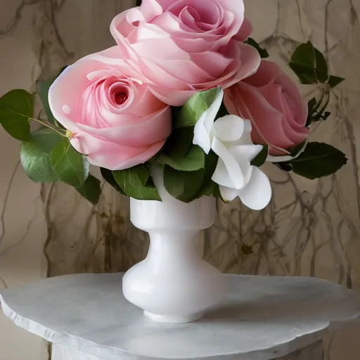 Prompt: rose arrangement made of mother of pearl, opal petals, home magazine kitchen photography