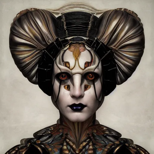 Prompt: a baroque neoclassicist close - up renaissance portrait of a beautiful art deco insect queen with glowing eyes, moth wings with geometric patterns, reflective detailed textures, baroque dark fantasy science fiction painting by diego rivera and donato giancola and jean delville and moebius and tom bagshaw, goth, dramatic lighting, silver and muted colors, artstation, octane render