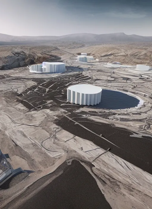 Prompt: bioremediation white architecture high tech, in the mining tailings of chuquicamata, epic, cinematic, hyperealistic, high detailed, corona render, hdr, ray tracing