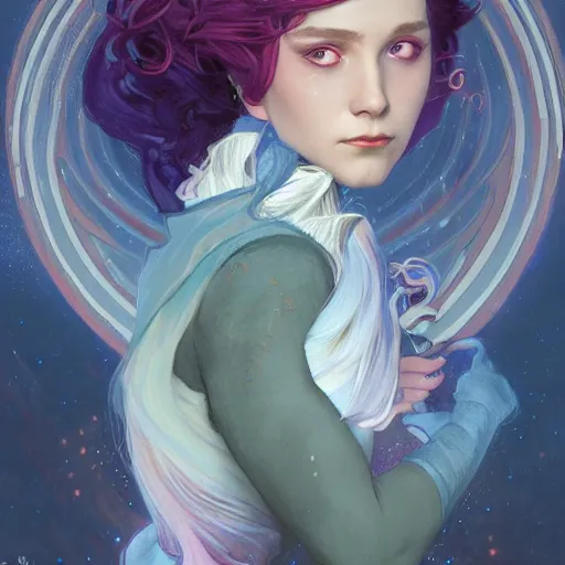 Prompt: a nonbinary changeling wearing a starry cloak, aurora colored hair, starry eyes, curious expression, character art, trending on artstation, 4k ultra hd, sharp focus, digital art by artgerm and greg rutkowski and alphonse mucha