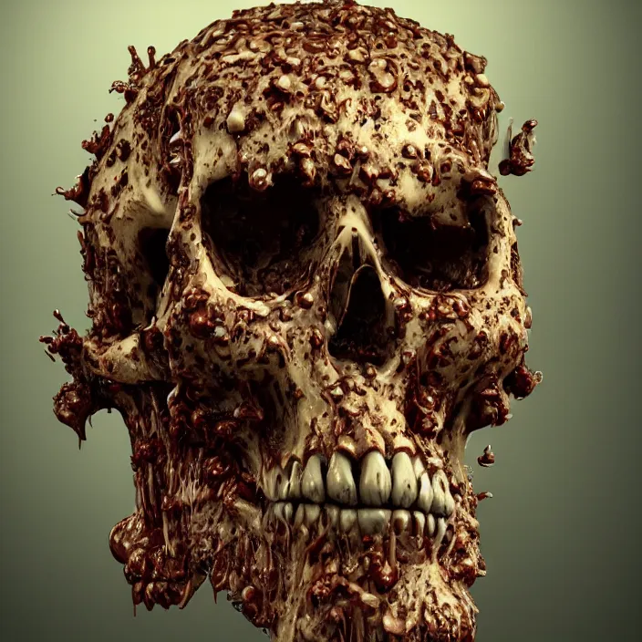 Prompt: portrait of a melting chocolate skull. razor sharp teeth. infected with zombie fungus. intricate abstract. intricate artwork. nightmare fuel. by Tooth Wu, wlop, beeple, dan mumford. octane render, trending on artstation, greg rutkowski very coherent symmetrical artwork. cinematic, hyper realism, high detail, octane render, 8k, iridescent accents