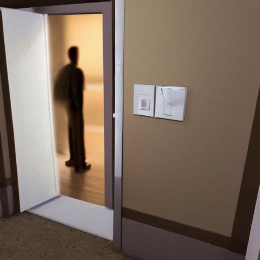 Image similar to Security camera photo of 2 flying pillows, photo was taken in front of someone door, realistic, low resolution.