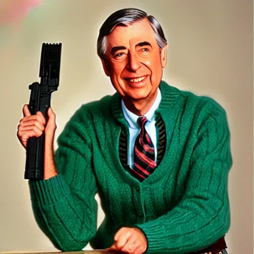 Image similar to Mr. Rogers holding a gun