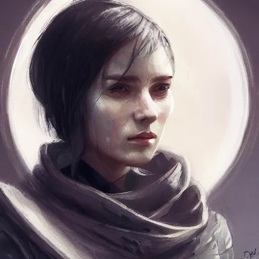 Image similar to Portrait of a woman by Greg Rutkowski, she is about 20 years old, round face, mixture between german and russian, black bob hair, attractive, determined but resentful look, she is wearing futuristic military fatigues with a black scarf, highly detailed portrait, scifi, digital painting, artstation, concept art, smooth, sharp foccus ilustration, Artstation HQ.