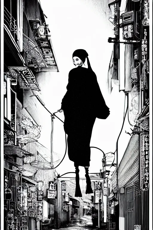 Image similar to beautiful portrait of a woman, negative no not the girl with a pearl earring, highly detailed ink illustration of a narrow neon lit tokyo alley, b & w clean shaped illustration by kim jung gi, ric estrada, ron english and eiichiro oda