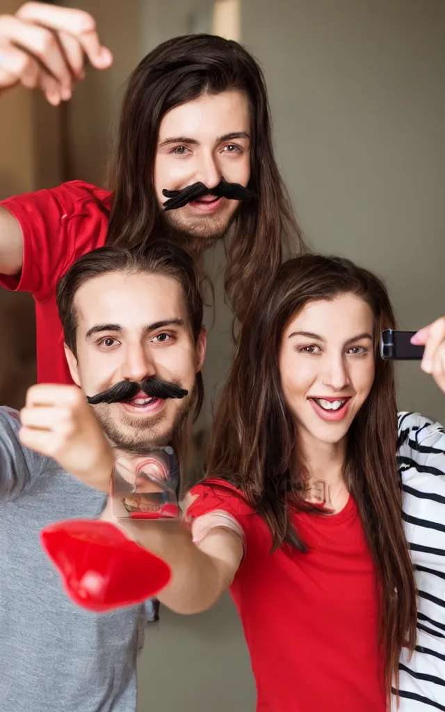 Image similar to Party at the apartment. A guy in a red t-shirt with a mustache and beard smiles in a selfie. Behind is a girl in a striped T-shirt. photo realistic 4k hd