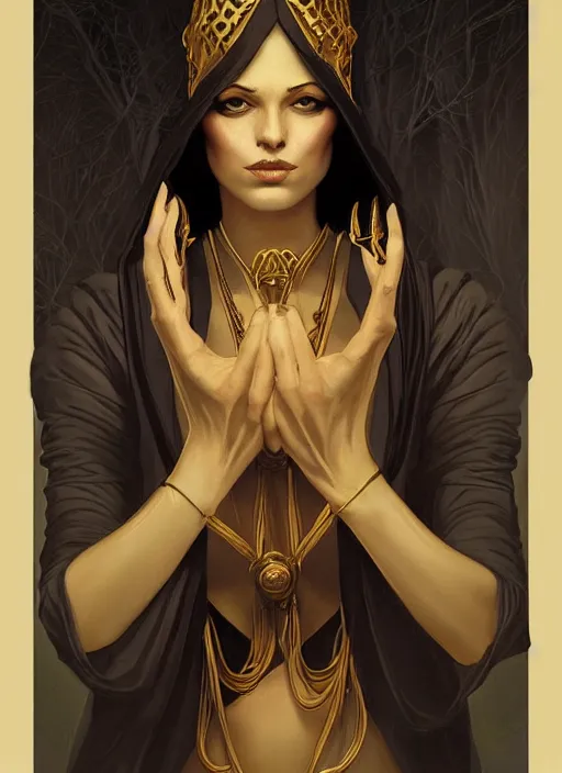 Image similar to tarot!!, high priestess, no noise, elegant, concept art, sharp focus, beautiful face!!, digital art, smooth defined outlines!!, human anatomy, human structure, vector background, dark fantasy, by Brom, trending on Artstation, Tom Bagshaw, Sargent