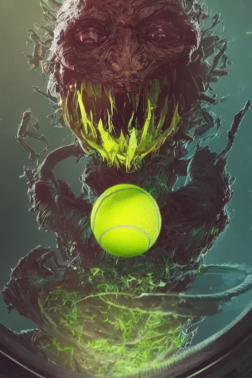 Image similar to portrait of tennis ball monster wielding a tennis racket, visible aura of madness distorting the surroundings, occult details, greg rutkowski style, high quality, 8 k,