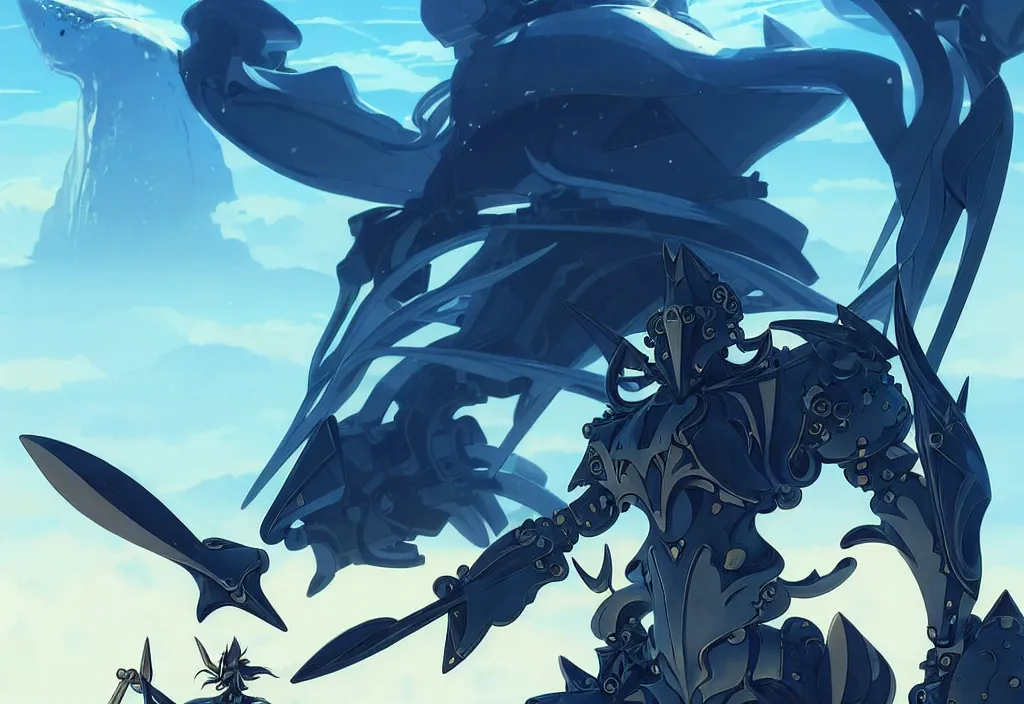 Image similar to close up of a extremely beautiful and aesthetic mech armor witch holding a symmetrical trident, highly detailed face, attractive symmetrical eyes, back shark fin, big wave horizon, dynamic model pose, slightly smiling, blue sky, big blade whale and black giants mech minotaurus, epic scene, fantasy illustrations, by makoto shinkai and peter mohrbacher and ferdinand knab