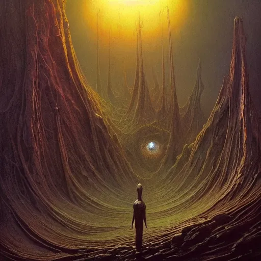 Image similar to a beautiful and ominous matte painting of an exotic alien planet with strange carnivorous plants, twisted bony trees, crashed spaceship submerged in fog beneath the setting sun by karol bak and beksinski and wayne barlowe, exquisite detail, post processing, sharp focus, deep colors