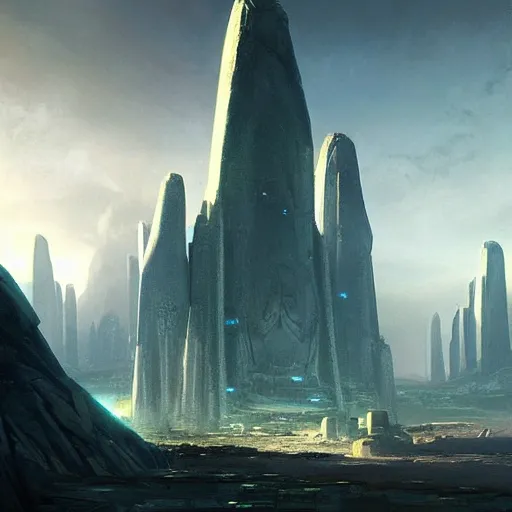 Image similar to pulp fantasy concept art painting of an alien civilisation, sacred monoliths, futuristic, technocracy, toxic, shrines, by greg rutkowski and james gurney