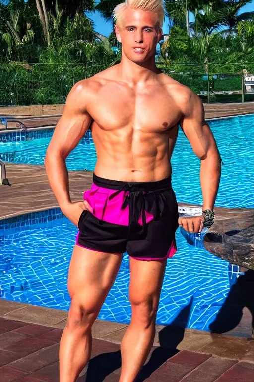 Image similar to a handsome male humanoid android with blonde hair, ken, muscular wearing a cut-off black crop top and short light pink shorts standing by a swimming pool, shiny glossy skin