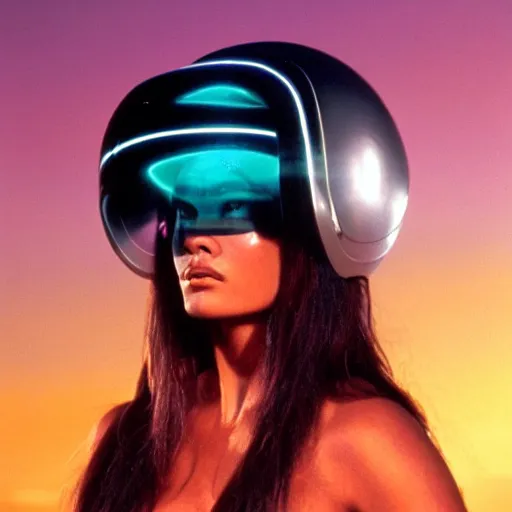 Prompt: beautiful Fine art photo of a young enraptured Tía Carrere wearing an electronic cyberpunk mayan helmet, robotic body parts, photorealistic, highly detailed, sunset lighting, in the movie 2001 A Space Odyssey, 8k