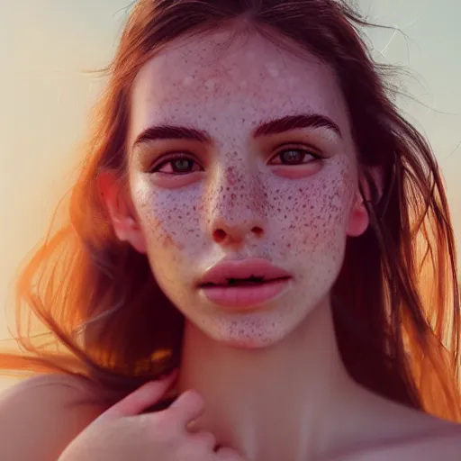 Image similar to beautiful serene intricate portrait of a cute thin young woman, red blush, cute freckles, smug smile, modern clothes, relaxing on the beach, golden hour, close up shot, soft focus, 8 k, art by irakli nadar, hyperrealism, hyperdetailed, ultra realistic