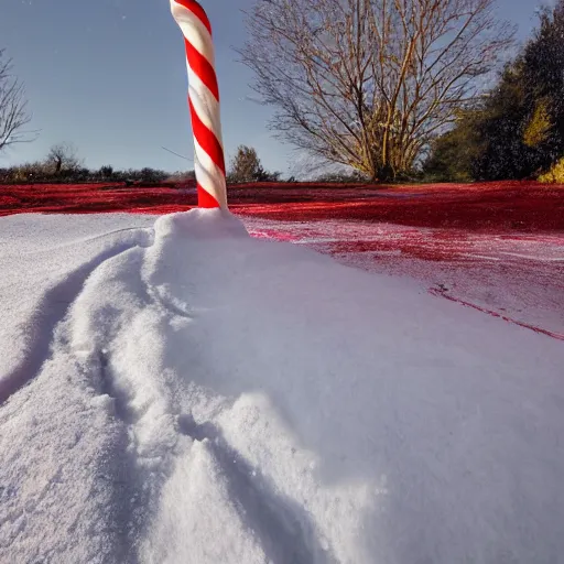 Image similar to a large colorful candy cane is sticking out the ground on the side of a serene foot path. there are some snow drifts laying against the candy. there are snow flurries in the air. epic, awe inspiring, dramatic lighting, cinematic, extremely high detail, photorealistic, cinematic lighting, trending on artstation cgsociety rendered in unreal engine, 4 k, hq,