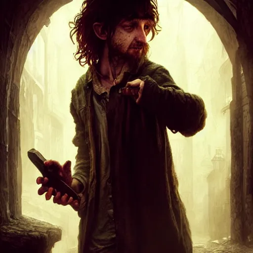 Image similar to Drug addict hobbit in a dark alley, ultra realistic, concept art, intricate details, dark, highly detailed, photorealistic, octane render, 8k, unreal engine, art by artgerm and greg rutkowski and alphonse mucha