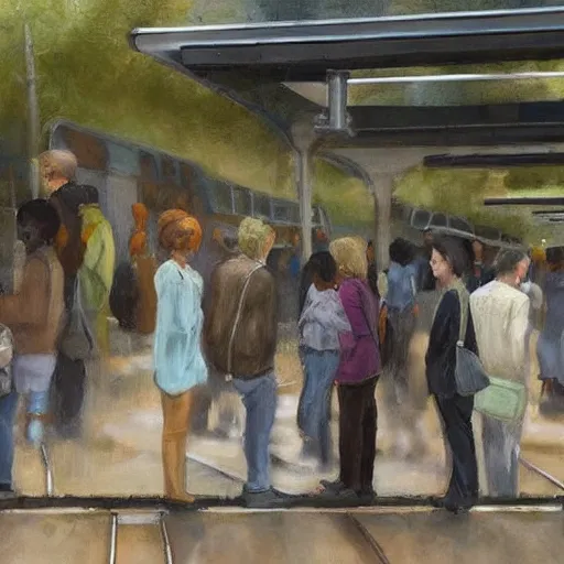 Image similar to A beautiful sculpture of a group of people waiting at a railway station. The people in the artwork are all waiting for a train that is about to arrive. Dexter's Lab by Alyssa Monks fine, calm