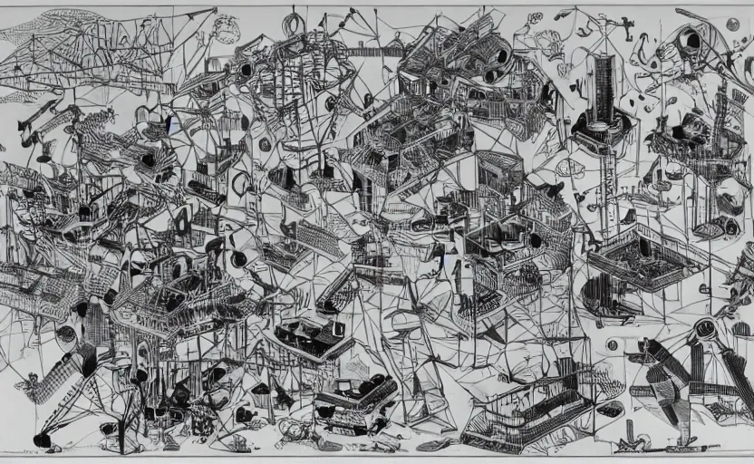 Prompt: the discovery of modularity illustrated by Boris Artzybasheff, imposing and playful, a dark tinge, wires