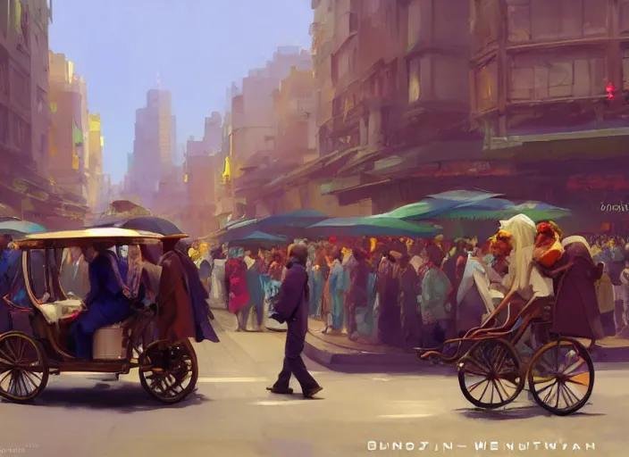 Image similar to an oligarch riding rickshaw-wagon being pulled by crowd of tired poor people in a Mandelbrot fractal modern city by Craig Mullins, ilya kuvshinov, krenz cushart, artgerm trending on artstation by Edward Hopper and Dan Mumford and WLOP and Rutkovsky, Unreal Engine 5, Lumen, Nanite