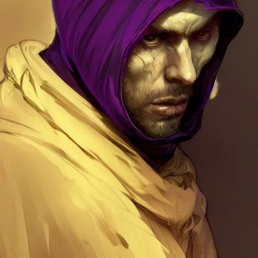 Image similar to ultra realistic illustration, man in a black hood, in a striped purple balaclava, mysterious, highly detailed, digital painting, artstation, concept art, smooth, sharp focus, illustration, art by artgerm and greg rutkowski and alphonse mucha