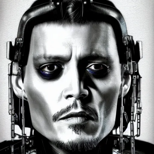 Prompt: johnny depp as a borg drone, tng, star trek, the borg, cybernetic implant, borg collective, hd, full length portrait, detailed face