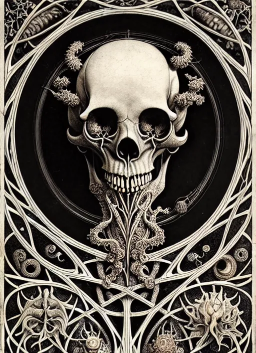 Image similar to art forms of nature by ernst haeckel, memento mori by arthur rackham, ornate antique porcelain beautiful skull mask, ultrasharp, photorealistic, hyperdetailed, octane render, polished, art nouveau, neo - gothic, gothic, intricate ornamental organic filigree, art nouveau botanicals, art forms of nature by ernst haeckel, horizontal symmetry, symbolist, visionary