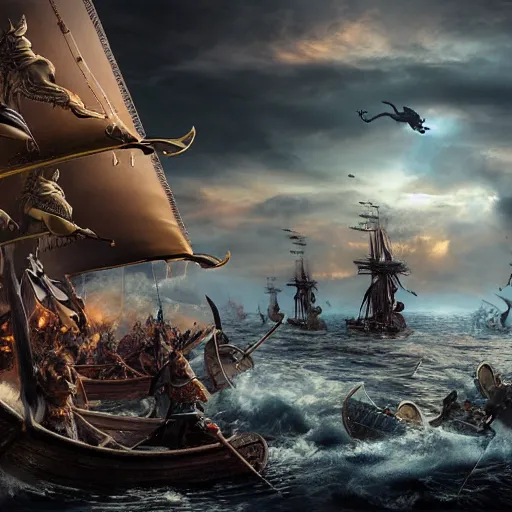 Image similar to An Epic viking sea battle, realistic 4k octane beautifully detailed render, 4k post-processing, highly detailed, intricate complexity, epic composition, magical atmosphere, cinematic lighting, masterpiece, ultra hd