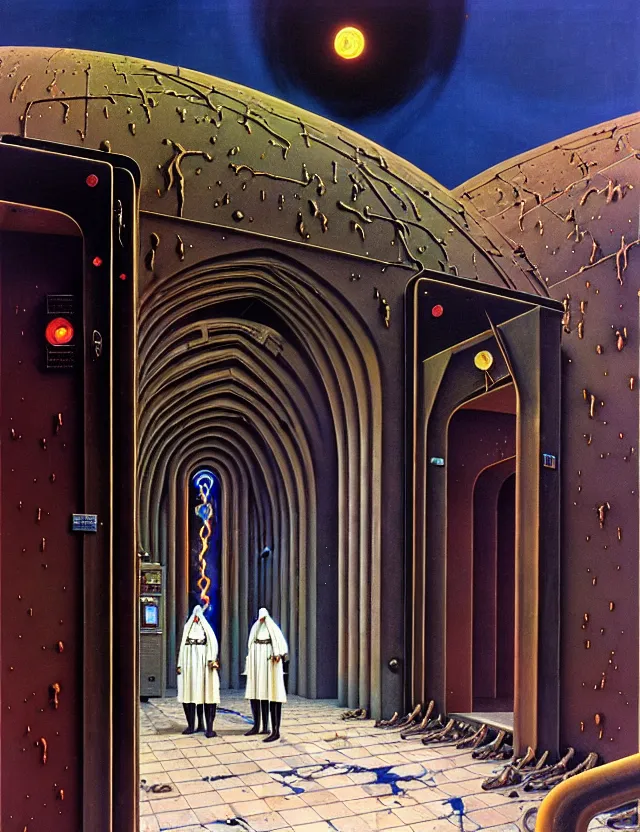 Prompt: huge gothic crematorium on desert planet, elevator, side ramp entrance ambulance smoke dead bodies, guards intricate, painting by lucian freud and mark brooks, bruce pennington, dark colors, neon, death, guards