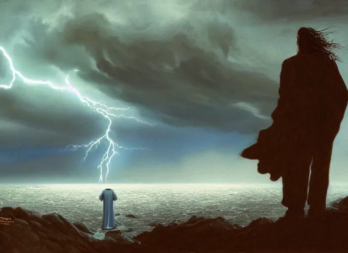 Image similar to a man with a long wavy black hair wearing a long blue coat and stands in the foreground with his back to the viewer. he is on bare rocky ground looking up at an immense approaching lightning storm. roiling dramatic threatening dangerous looming clouds. dramatic fantasy art by michael whelan and greg rutkowski