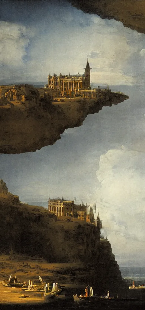 Prompt: fantasy matte painting of a city-size glowing pipe organ hanging on the side of a massive cliff, dark stormy weather by Canaletto and