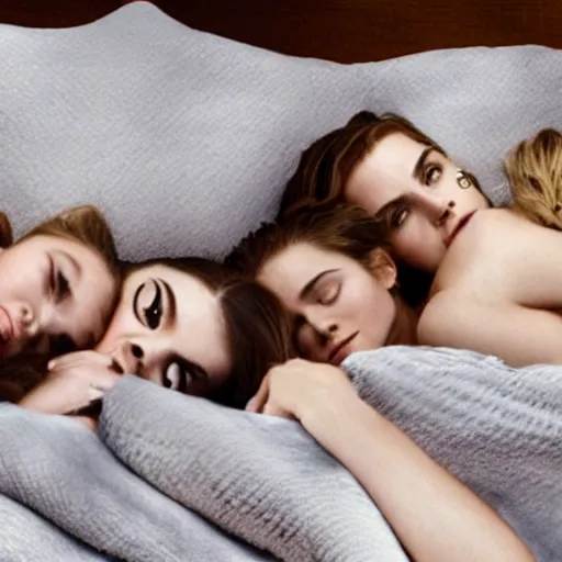 Prompt: emma watson and her friends sleeping in a bunch of cozy beds