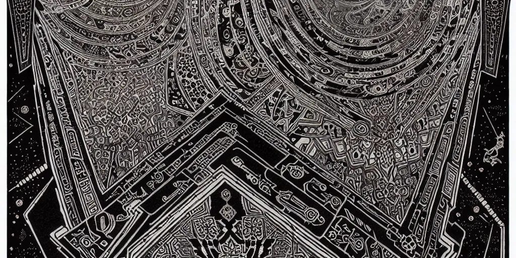 Prompt: ancient ornate carpet, high details, bold line art, by vincent di fate and joe fenton, inking, etching, screen print, masterpiece, trending on artstation, sharp, high contrast, hyper - detailed,, hd, 4 k, 8 k