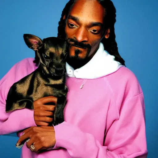 Image similar to Snoop Dogg holding a puppy for a 1990s sitcom tv show, Studio Photograph, portrait, C 12.0